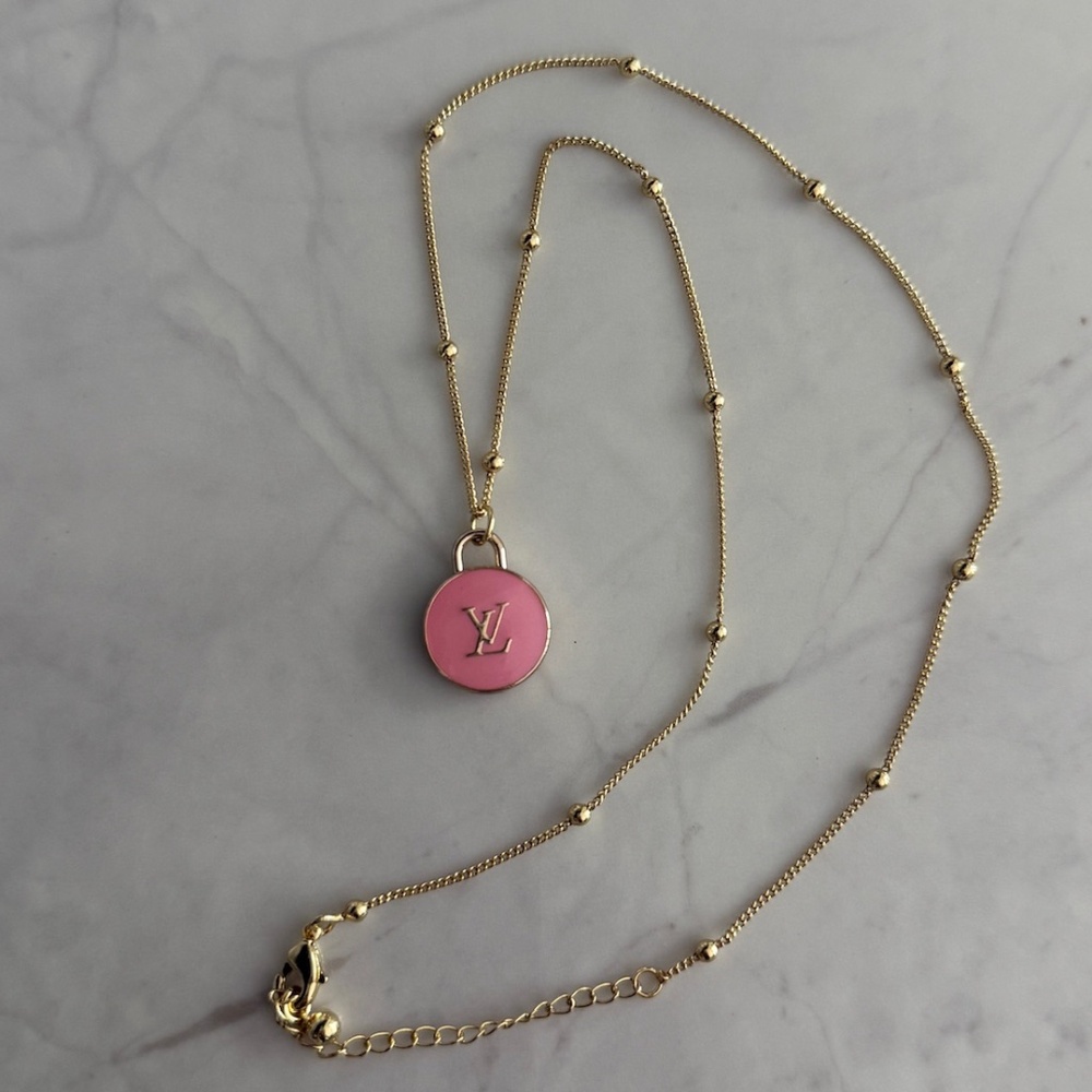 Upcycled LV Pink Charm Necklace on 18K Gold Filled Ball Chain
